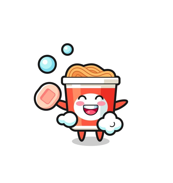 Instant noodle character is bathing while holding soap , cute style design for t shirt, sticker, logo element