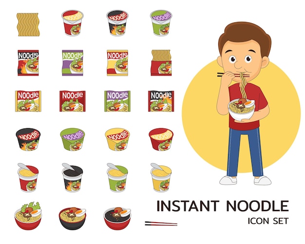 Instant noodle concept plat pictogrammen.