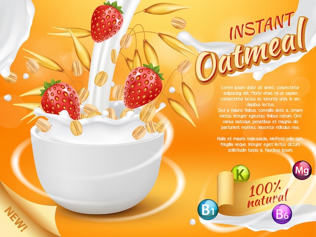 Instant oatmeal realistic illustration. Healthy natural product with fresh and ripe strawberry, milk splashes. Oatmeal muesli promo.