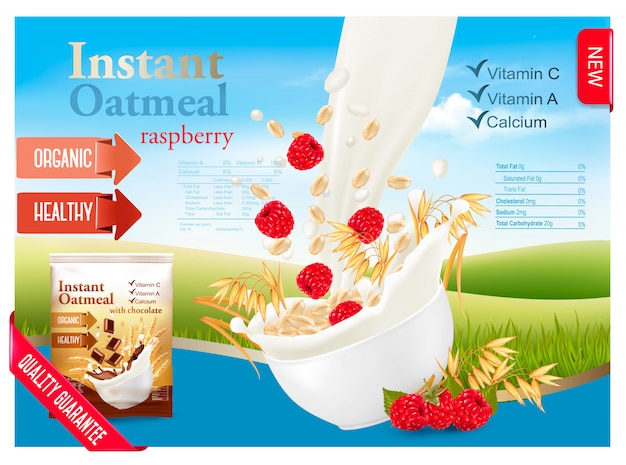 Instant oatmeal with strawberry advert concept. milk flowing into a bowl with grain and berries. .