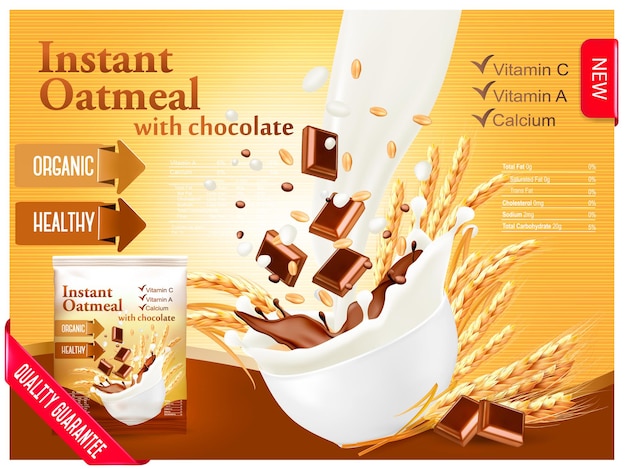 Vector instant porridge advert concept. milk flowing into a bowl with grain and chocolate. vector.