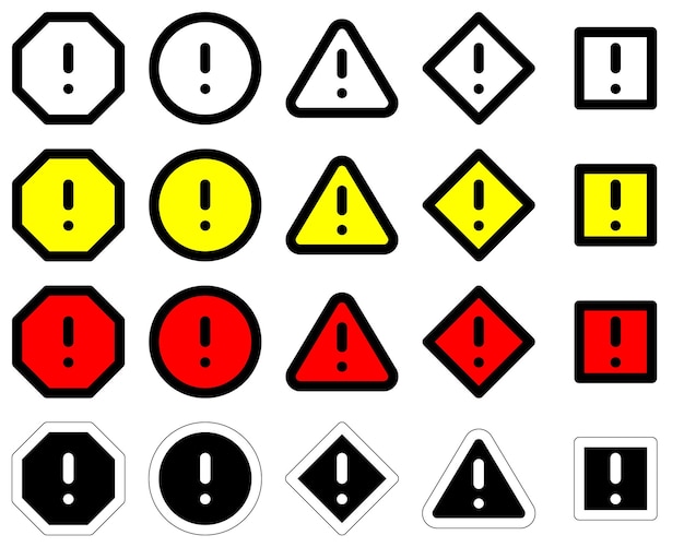 Instel waarschuwing gevaar waarschuwing voorzichtigheid uitroeptekenen verkeerssymbolen pictogrammen zwart geel omtrek rood