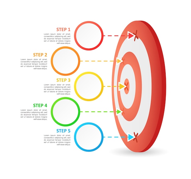 Instelling doelen infographic grafiek ontwerpsjabloon. Abstracte infochart met kopie ruimte. Instructiegrafiek met 5 stappenreeks. Visuele datapresentatie. Calibri Bold, Questrial Regular-lettertypen gebruikt