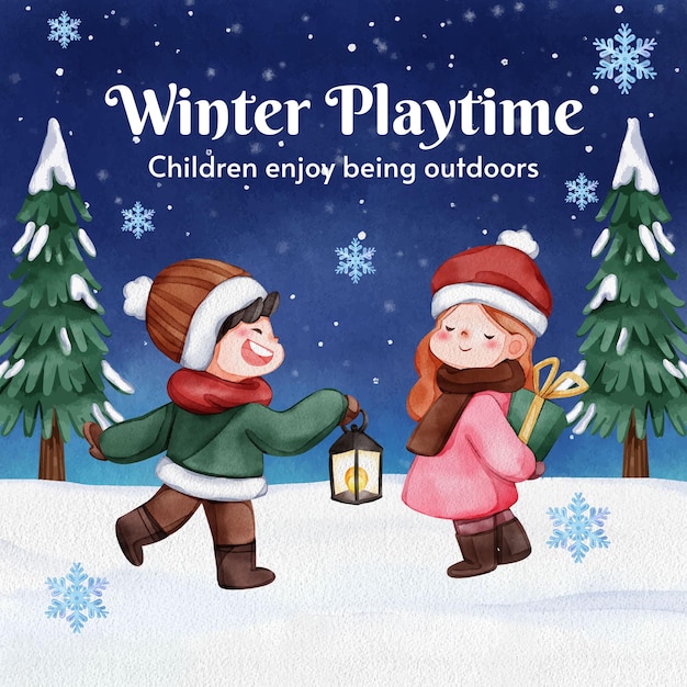 Instgram post template with children enjoy winter concept watercolor style