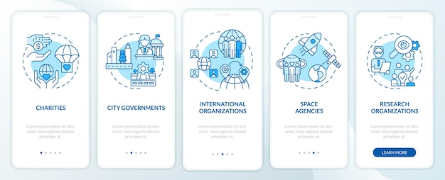 Esempi di istituzioni schermata blu dell'app mobile di onboarding