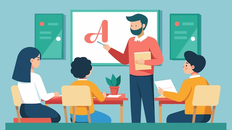 Vector an instructor at the front of the room demonstrating proper letter formation and spacing as