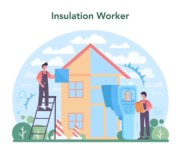 Insulation concept Thermal or acoustic insulation Worker putting insulation materials Construction service house renovation Isolated flat vector illustration