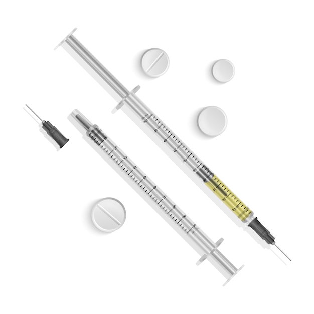 Siringa da insulina 0,5 ml. le siringhe sono riempite con una soluzione di vaccino. illustrazione di siringhe mediche con aghi in stile realistico.