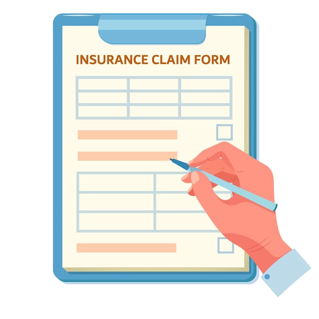 Vector insurance claim form hand fills out document in the form of questionnaire