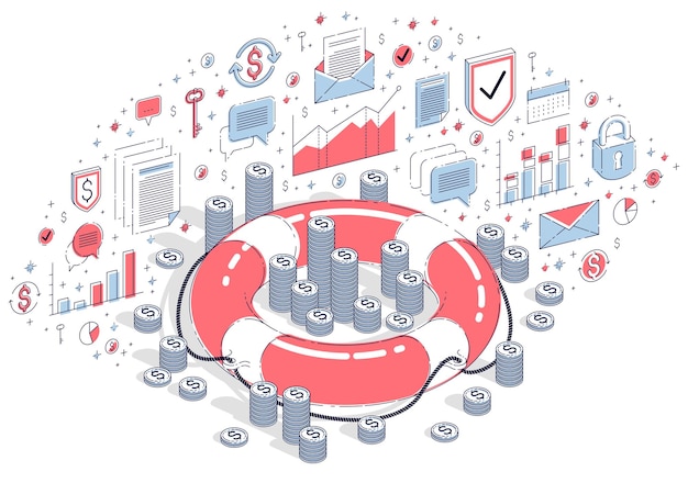 Insurance concept, Life Buoy with cash money dollar stack and coins isolated on white background. Vector 3d isometric business illustration with icons, stats charts and design elements.