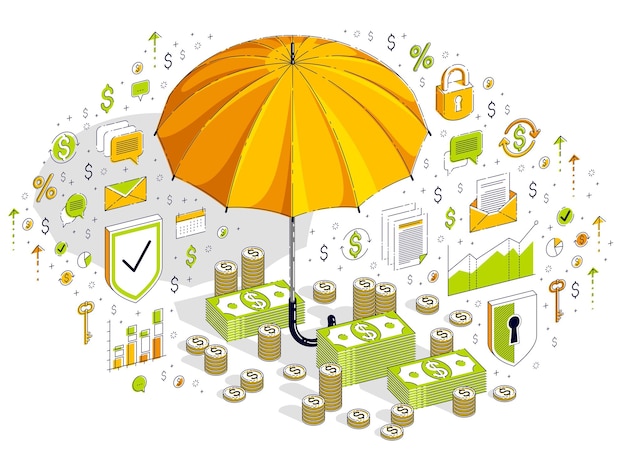 Vector insurance concept, umbrella with cash money dollar stack and coins isolated on white background. vector 3d isometric business illustration with icons, stats charts and design elements.