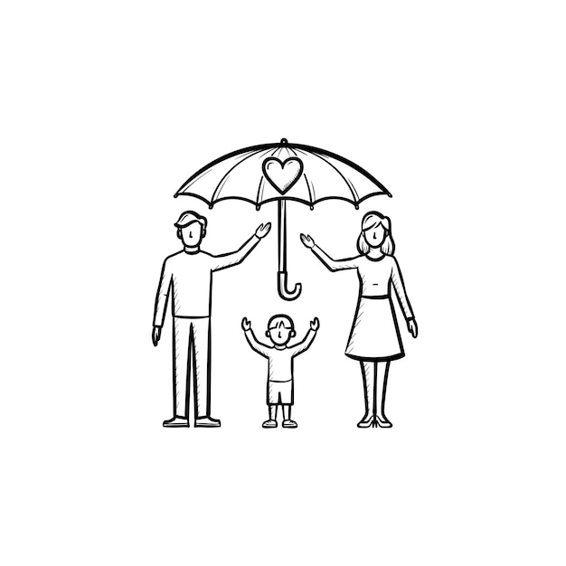 Страхование членов семьи рисованной наброски каракули значок. Зонтик над семейной векторной иллюстрацией эскиза для печати, Интернета, мобильных устройств и инфографики, изолированных на белом фоне.