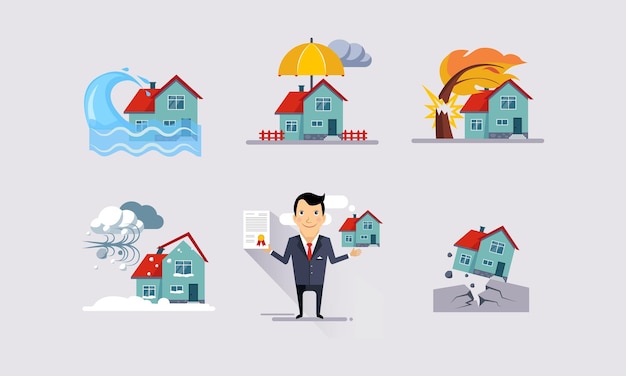 Le icone assicurative impostano l'assicurazione per la protezione della proprietà in caso di catastrofi naturali e gli eventi assicurati contro i rischi illustrazione vettoriale in stile piano