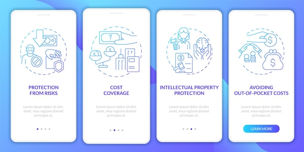 Insurance importance blue gradient onboarding mobile app screen Coverage walkthrough 4 steps graphic instructions pages with linear concepts UI UX GUI template Myriad ProBold Regular fonts used