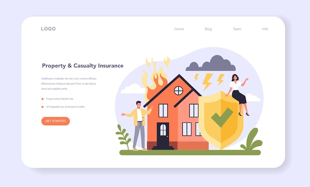 ベクトル 経済ウェブバナーまたはランディングページの保険業界セクター。損害サービスからの生命と財産の保護。健康と死傷者のリスクをカバーします。フラットベクトルイラスト