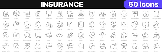 Insurance line icons collection judgment secure protection evaluation icons ui icon set thin outline icons pack vector illustration eps10