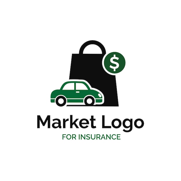 Design del logo del mercato assicurativo con borsa della spesa verde auto e illustrazione dei soldi