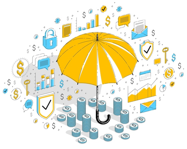 Vector insurance policy concept, umbrella with cash money dollar stack and coins isolated on white background. isometric 3d vector finance illustration with icons, stats charts and design elements.