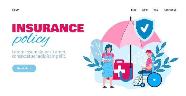 Insurance policy website banner with injured people flat vector illustration