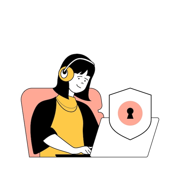 웹용 플랫 디자인의 만화 사람들과 보험 서비스 개념 사이버 안전을 위해 디지털 보안 시스템 쉴드를 사용하는 여성 소셜 미디어 배너 마케팅 자료에 대한 벡터 그림
