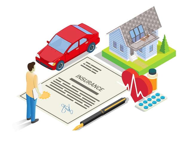 Vector insurance services vector illustration isometric car house insurance policy money pen heart with medicaments and male character auto home health insurance concept for banner website page etc