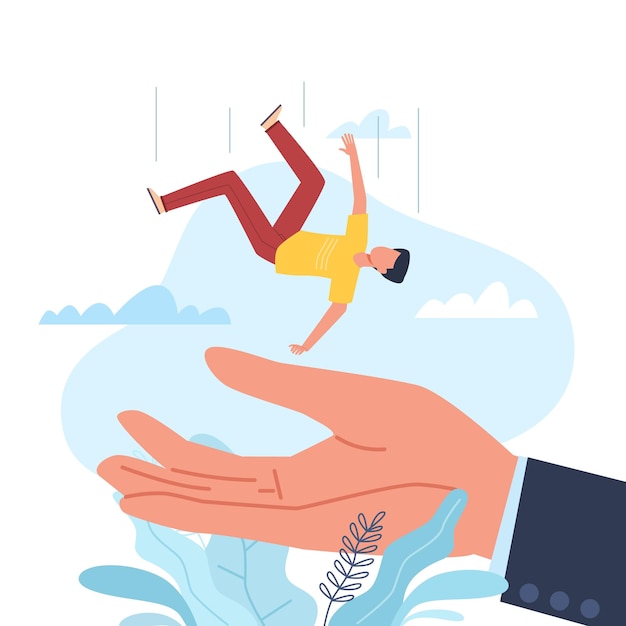 Insurance and support tiny man falling on big arm helping hand in crises and misfortune insure life or business risk and emergency prevention rescue and assistance vector concept