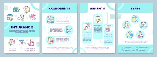 Страховой бирюзовый шаблон брошюры обложка от несчастного случая дизайн листовки с линейными значками 4 векторных макета для презентационных годовых отчетов arialblack myriad proобычные используемые шрифты