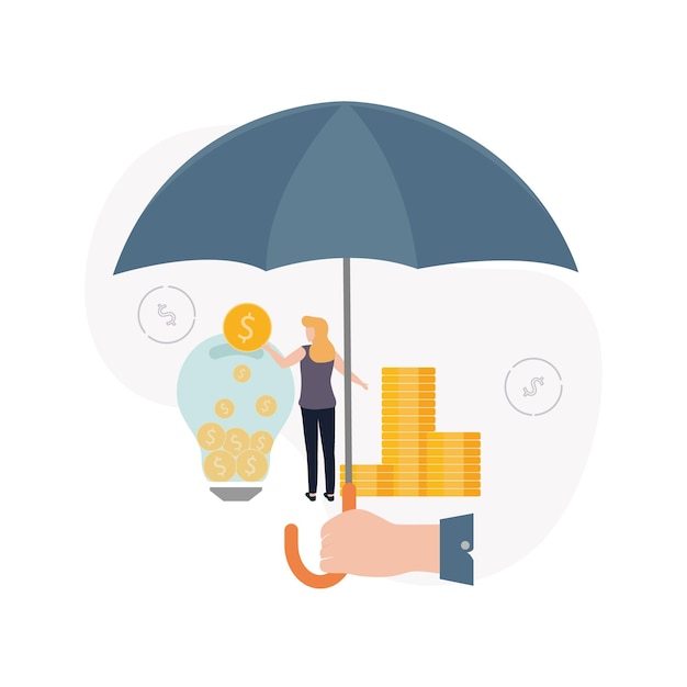 Insurance Venture capital Illustration a hand holds an umbrella under which stacks of coins a woman throws a coin into a light bulb on the background of dollar signs