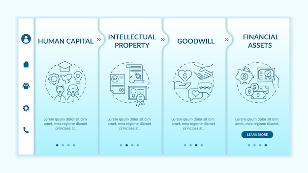 Intangible investment types onboarding  template. Human capital. Goodwill. Financial assets. Responsive mobile website with icons. Webpage walkthrough step screens. RGB color concept