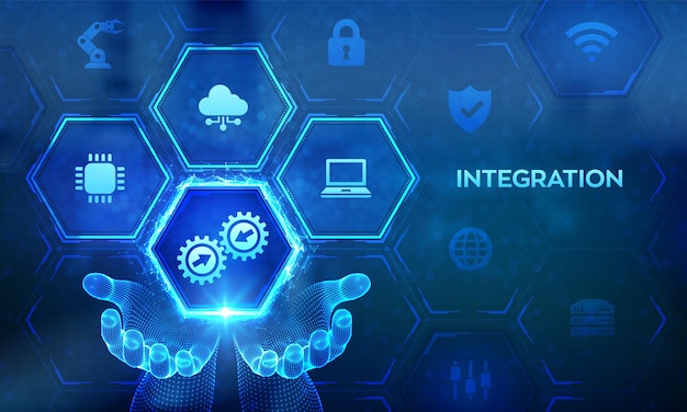 Integratie systeem Integratie technologie concept in wireframe handen Smart tech