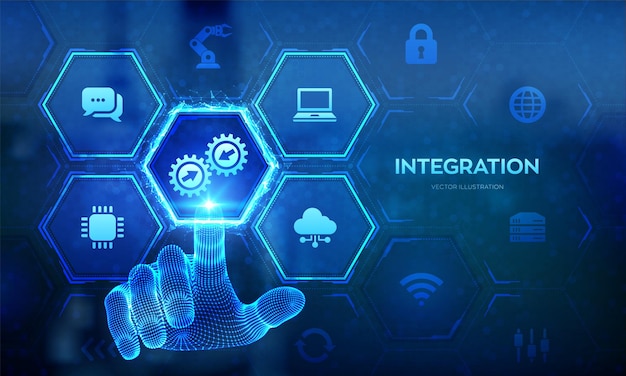 Integratiegegevenssysteem systeemintegratietechnologieconcept industriële en slimme technologie bedrijfs- en automatiseringsoplossingen draadframehand wat betreft digitale interface vectorillustratie