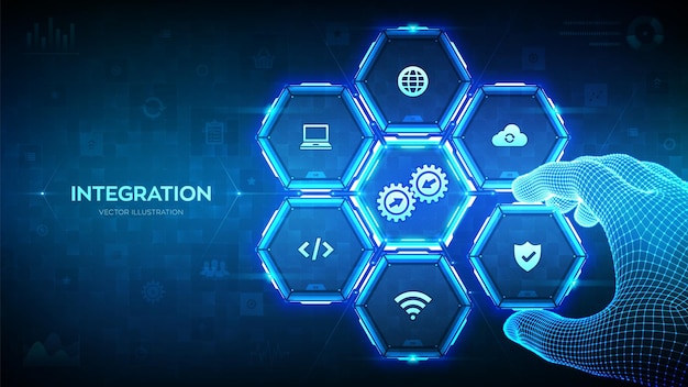 Vector integration data system system integration concept industrial smart technology wireframe hand places an element into a composition visualizing business automation solutions vector illustration