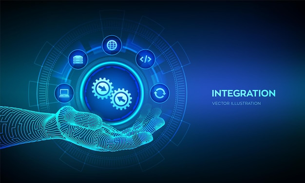 Sistema di dati di integrazione concetto di tecnologia di integrazione del sistema in mano wireframe tecnologia industriale e intelligente soluzioni aziendali e di automazione illustrazione vettoriale