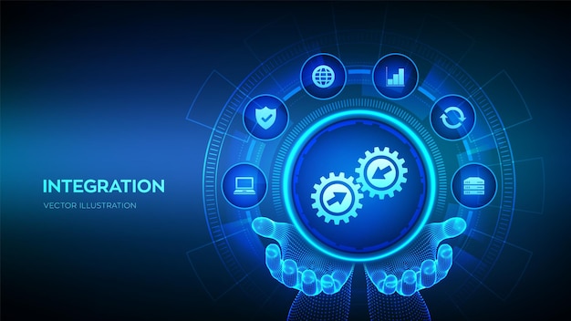 Sistema di dati di integrazione concetto di tecnologia di integrazione del sistema nelle mani wireframe tecnologia industriale e intelligente soluzioni aziendali e di automazione illustrazione vettoriale