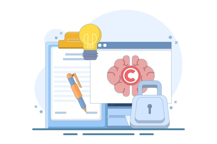 Vector intellectual property concept or copyright protects legal information ideas with trademarks