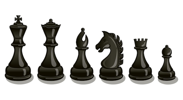 Vector intellectuele vrijetijdsactiviteit symbool realistische zwarte schaakstukken set koning koningin bisschop en pion paard toren zwarte schaakcijfers voor bordspel vector illustratie