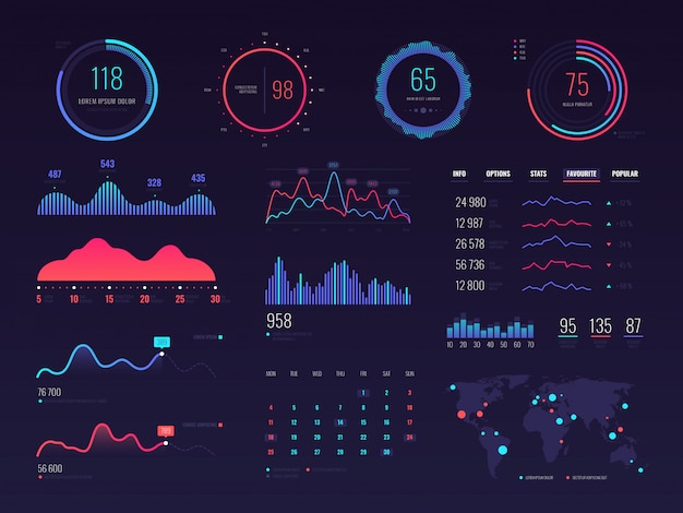 Intelligent technology hud interface. network management data screen with charts and diagrams