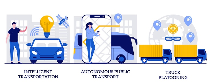 Vector intelligent transportation system, autonomous public transport, truck platooning concept with tiny people. modern logistics vector illustration set. smart traffic management, iot metaphor.