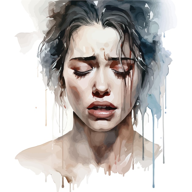 Vector intense watercolor emotion captured in female portrait vector illustration design