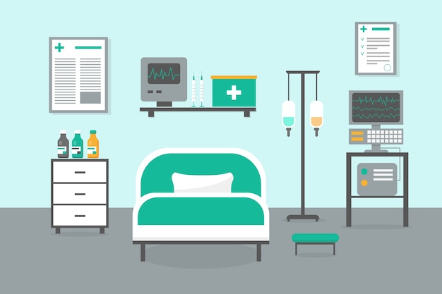 Intensive therapy room with bed, window and medical equipment. hospital emergency room interior .illustration.