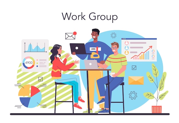 Interaction of departments concept Business teamwork Idea of partnership and departments cooperation Business profit and financial growth Isolated flat vector illustration