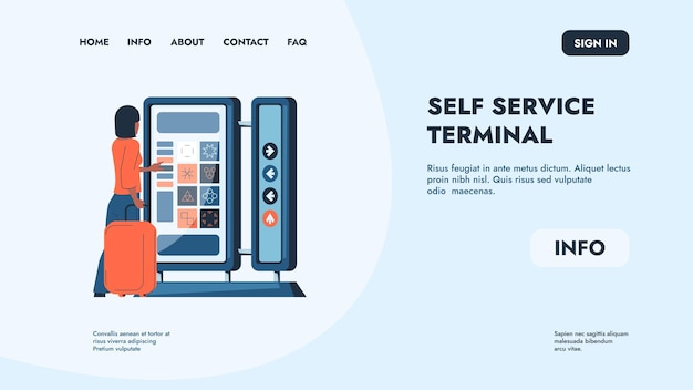 Atterraggio interattivo del chiosco terminale self-service e modello di web design della schermata di check-in checkout vettoriale e layout del sito web del chiosco di ordinazione