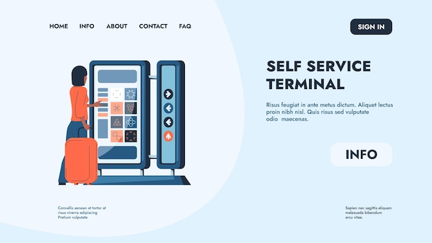Interactive kiosk landing Self service terminal and checkin screen web design template Vector checkout and ordering kiosk website layout