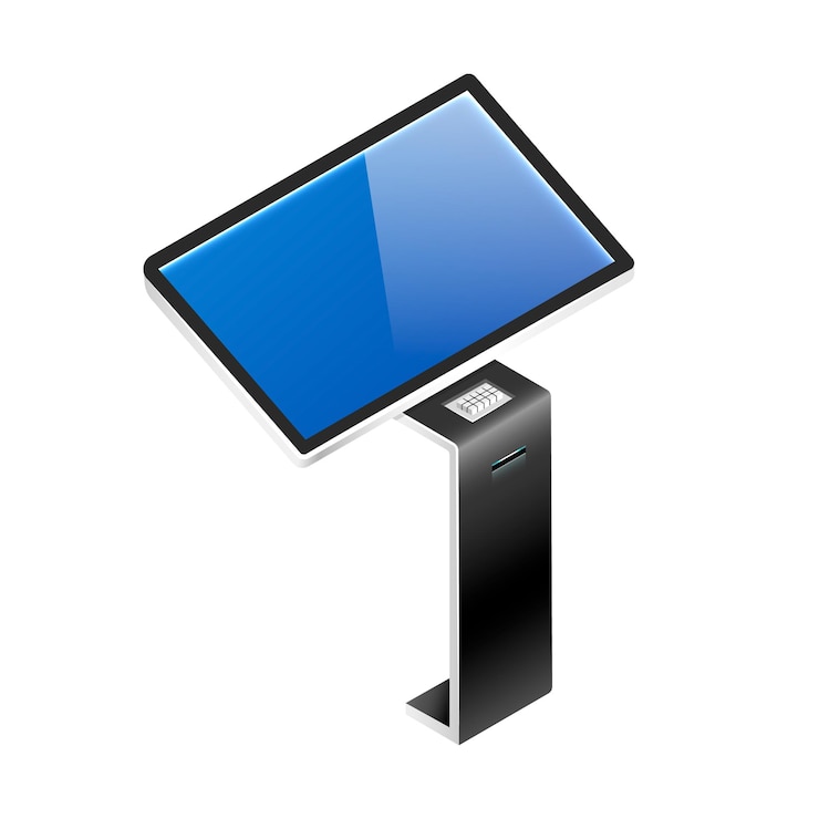 Vector interactive product promotion panel isometric . digital board with touch screen display flat color object. self service kiosk with sensor isolated on white background.