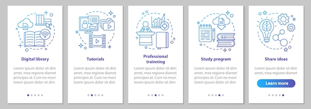 Interactive training onboarding mobile app page screen with linear concepts. Study program, digital library, tutorials, share ideas steps instructions. UX, UI, GUI vector template with illustrations