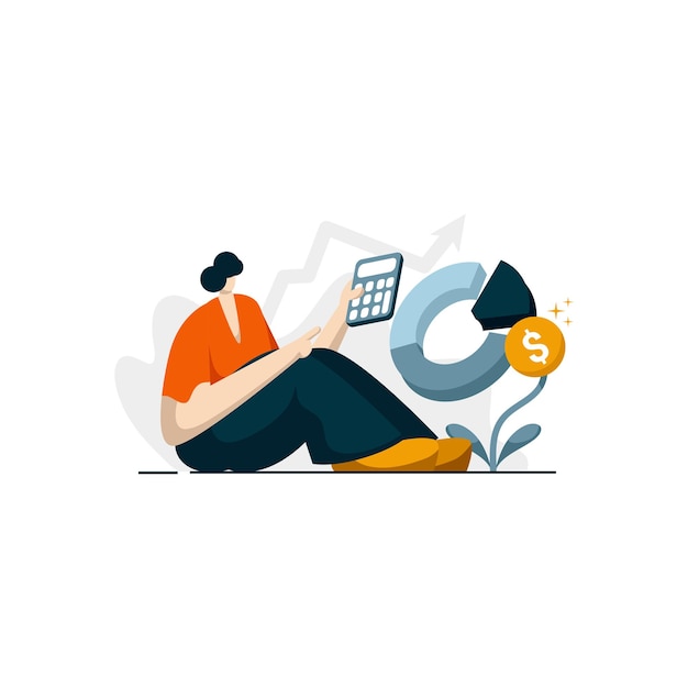 Icona composta calcolatrice interessi piatta illustrazione per prestito finanziario aziendale colore blu, arancione