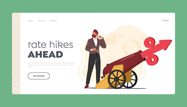 Interest rate hike landing page template businessman character shooting cannon with percent sign vector illustration