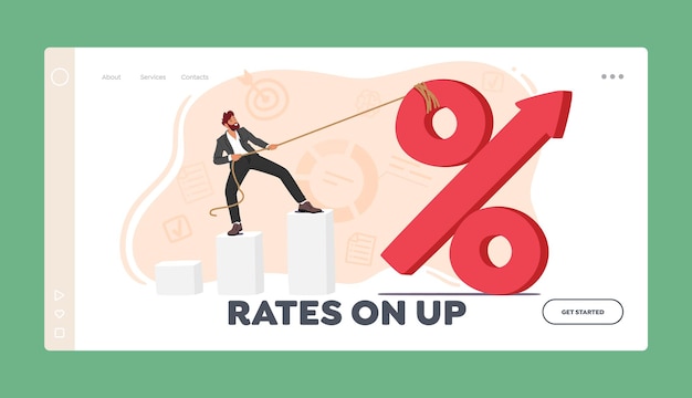 Interest Rate On Up Landing Page Template Business Man Character Stands Atop A Column Chart And Pulls Up Percent Sign