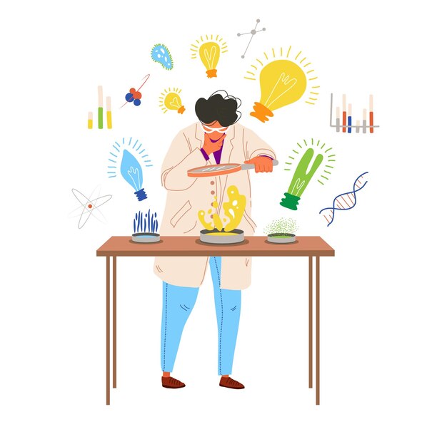 Интересная идея, люди определенной профессии, ученый с высоким интеллектом, мультипликационный вектор