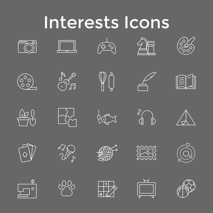 Vector interests icons hobbies sports arts music and travel vector art collection